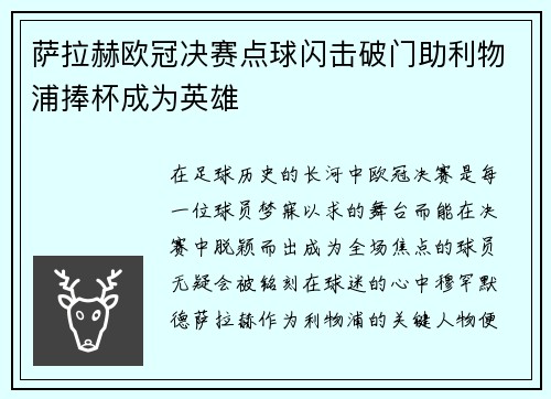 萨拉赫欧冠决赛点球闪击破门助利物浦捧杯成为英雄 萨拉赫欧冠决赛点球闪击破门助利物浦捧杯成为英雄
