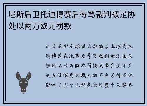 尼斯后卫托迪博赛后辱骂裁判被足协处以两万欧元罚款 尼斯后卫托迪博赛后辱骂裁判被足协处以两万欧元罚款