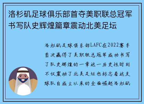 洛杉矶足球俱乐部首夺美职联总冠军书写队史辉煌篇章震动北美足坛 洛杉矶足球俱乐部首夺美职联总冠军书写队史辉煌篇章震动北美足坛
